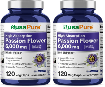 NusaPure Passion Flower 20:1 Extract – 120 Veggie Caps, Non-GMO, Bioperine (Pack of 2)
