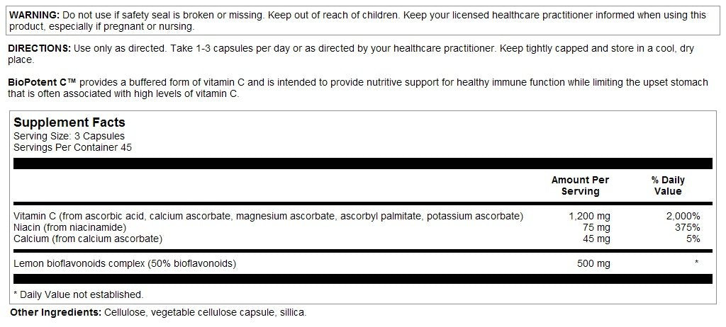 Nutra BioGenesis BioPotent C Vitamin C Capsules – Immune Support, 1200 mg, Vegan, 135 Vegetarian Capsules