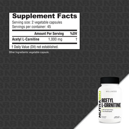 NutraBio Acetyl L-Carnitine (ALCAR) 500mg – Energy & Metabolic Support, 90 Capsules (2 Pack)