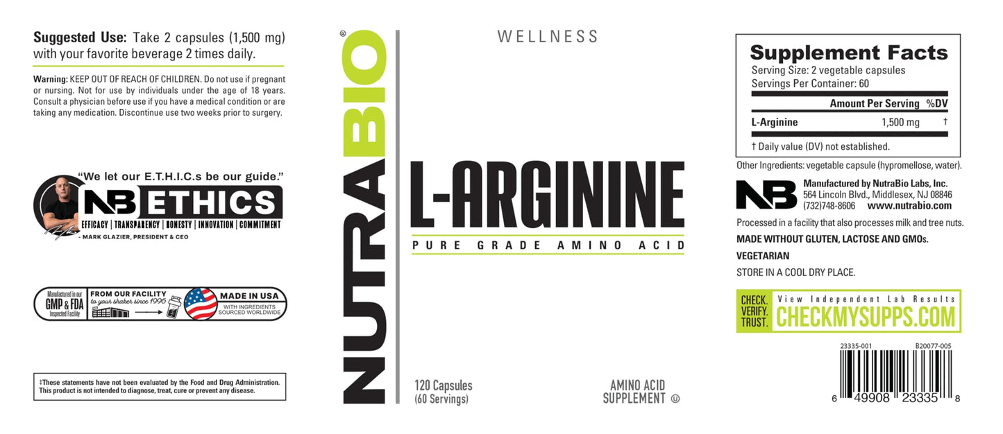 NutraBio L-Arginine 750mg – Nitric Oxide Precursor, Blood Flow & Muscle Growth | 120 Capsules