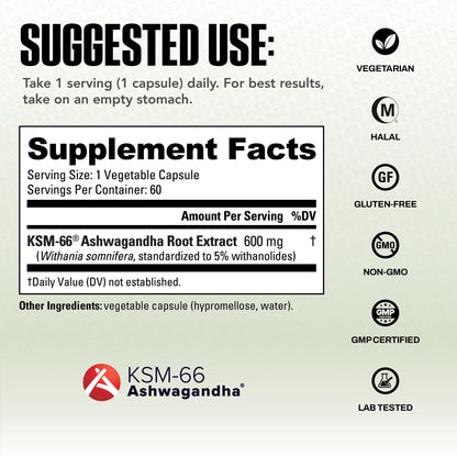 NutraBio Ashwagandha KSM-66 – Ashwagandha Herbal Supplement for Stress, Mood & Performance | 600 mg, 60 Capsules