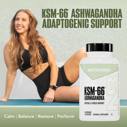 NutraBio Ashwagandha KSM-66 – Ashwagandha Herbal Supplement for Stress, Mood & Performance | 600 mg, 60 Capsules
