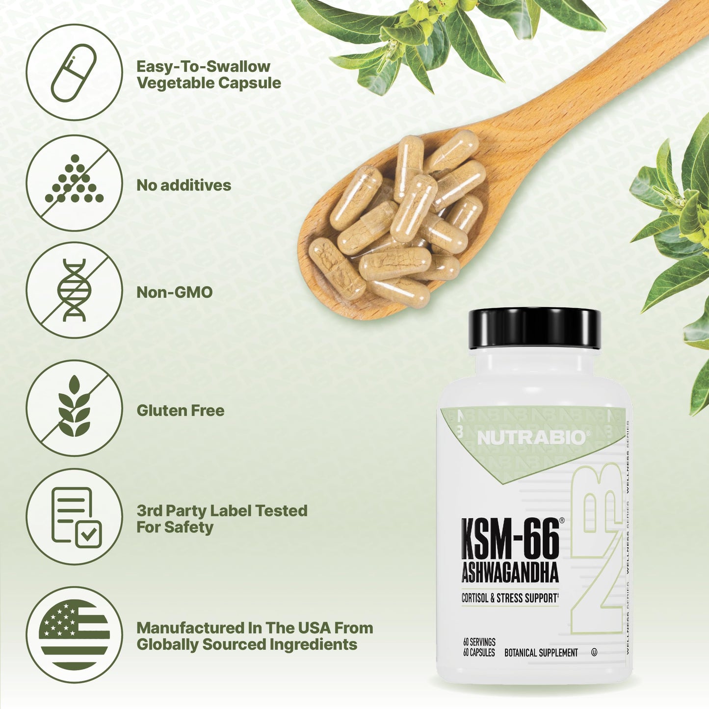 NutraBio Ashwagandha KSM-66 – Ashwagandha Herbal Supplement for Stress, Mood & Performance | 600 mg, 60 Capsules