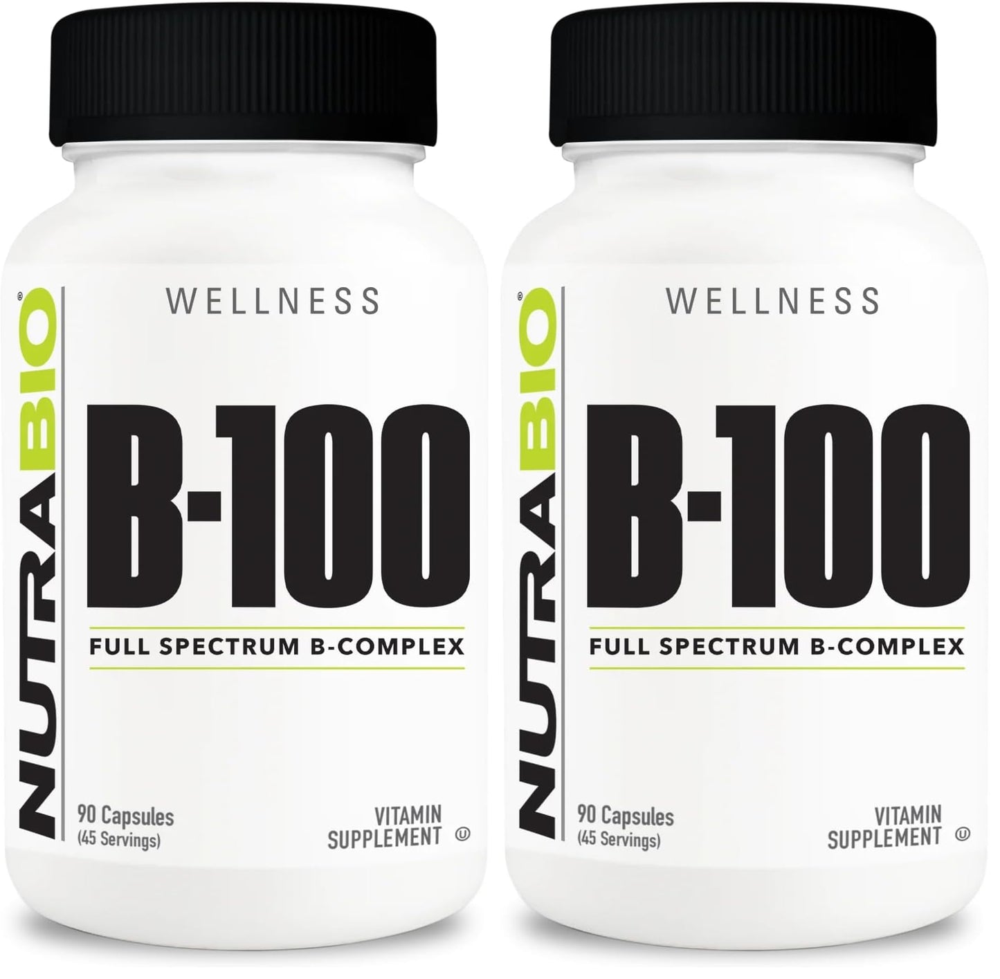NutraBio B-100 B Vitamin Complex – Immune Support & Hair, Skin, Nails | 90 Veg Capsules (Pack of 2)