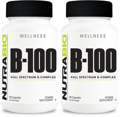 NutraBio B-100 B Vitamin Complex – Immune Support & Hair, Skin, Nails | 90 Veg Capsules (Pack of 2)