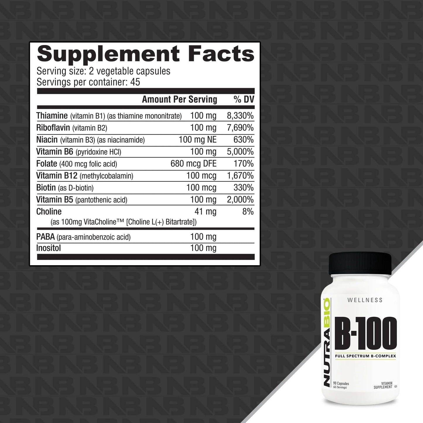 NutraBio B-100 B Vitamin Complex – Immune Support & Hair, Skin, Nails | 90 Veg Capsules (Pack of 2)