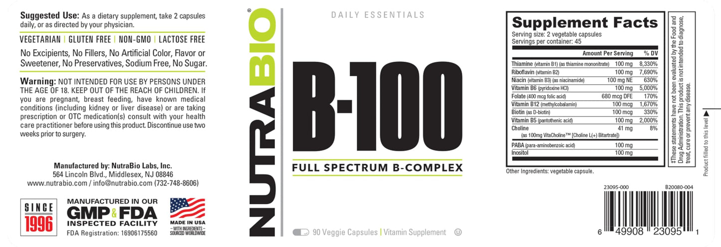 NutraBio B-100 B Vitamin Complex – Immune Support & Hair, Skin, Nails | 90 Veg Capsules (Pack of 2)