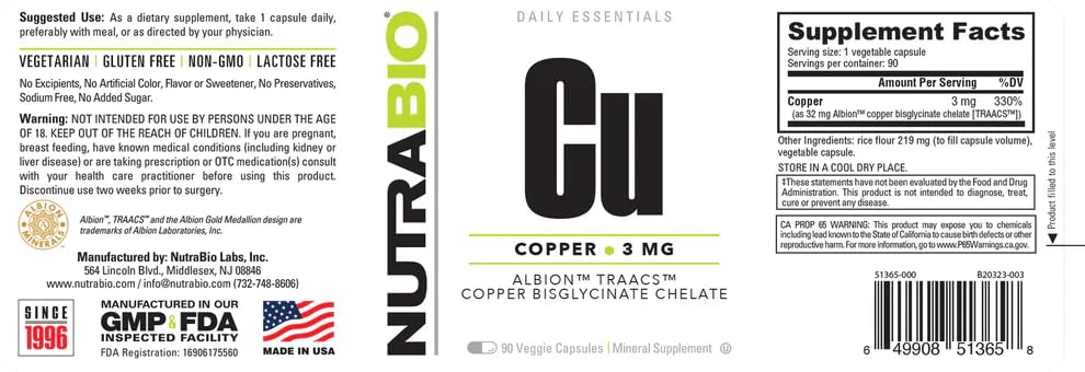 NutraBio Chelated Copper Bisglycinate (3mg) – Immune Support, 90 Capsules (2-Pack)