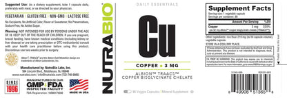 NutraBio Chelated Copper Bisglycinate (3mg) – Immune Support, 90 Capsules (2-Pack)