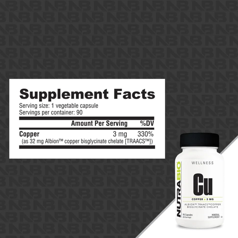 NutraBio Chelated Copper Bisglycinate (3mg) – Immune Support, 90 Capsules (2-Pack)