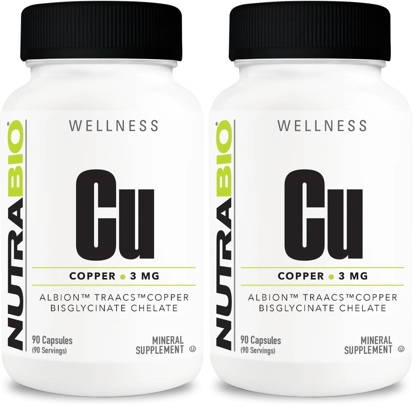 NutraBio Chelated Copper Bisglycinate (3mg) – Immune Support, 90 Capsules (2-Pack)