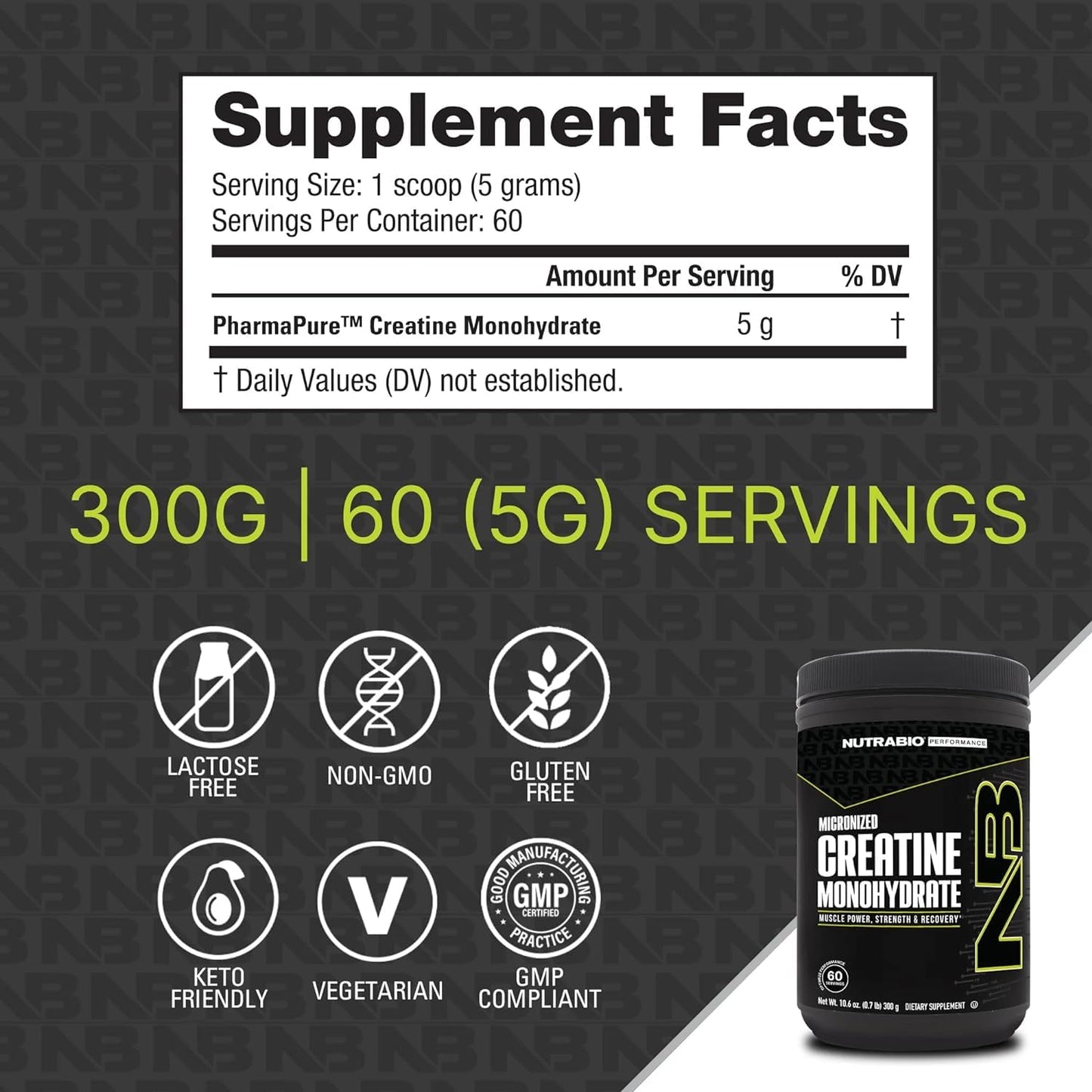 NutraBio Pure Micronized Creatine Monohydrate Powder – Unflavored (300 g) | Supports Muscle, Energy, Recovery & Strength