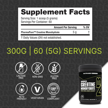 NutraBio Pure Micronized Creatine Monohydrate Powder – Unflavored (300 g) | Supports Muscle, Energy, Recovery & Strength