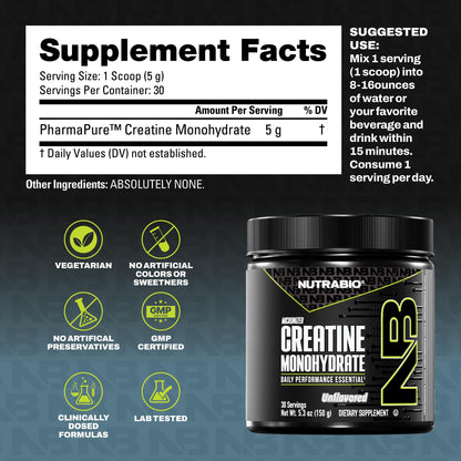 NutraBio Pure Micronized Creatine Monohydrate Powder – Unflavored, 150 g