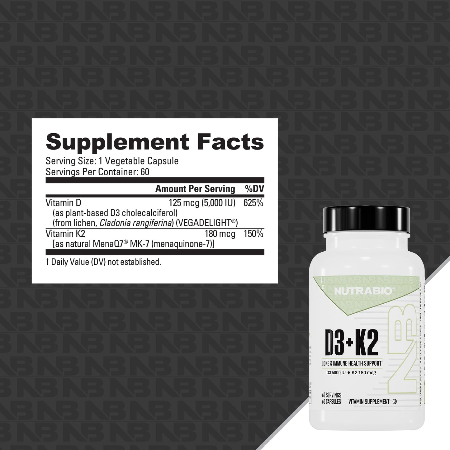 NutraBio Vitamin D3 K2 5000 IU | D3 + MK7 (180 mcg) for Bone & Heart Health | 60 Veg Caps