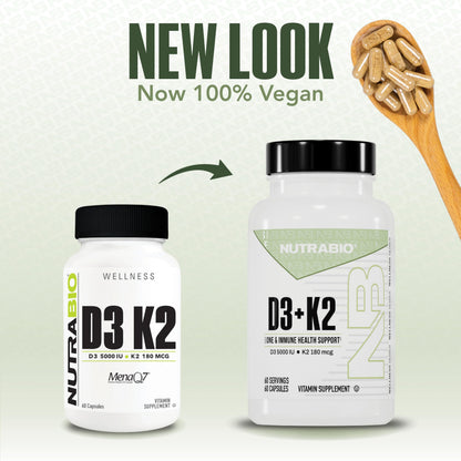 NutraBio Vitamin D3 K2 5000 IU | D3 + MK7 (180 mcg) for Bone & Heart Health | 60 Veg Caps