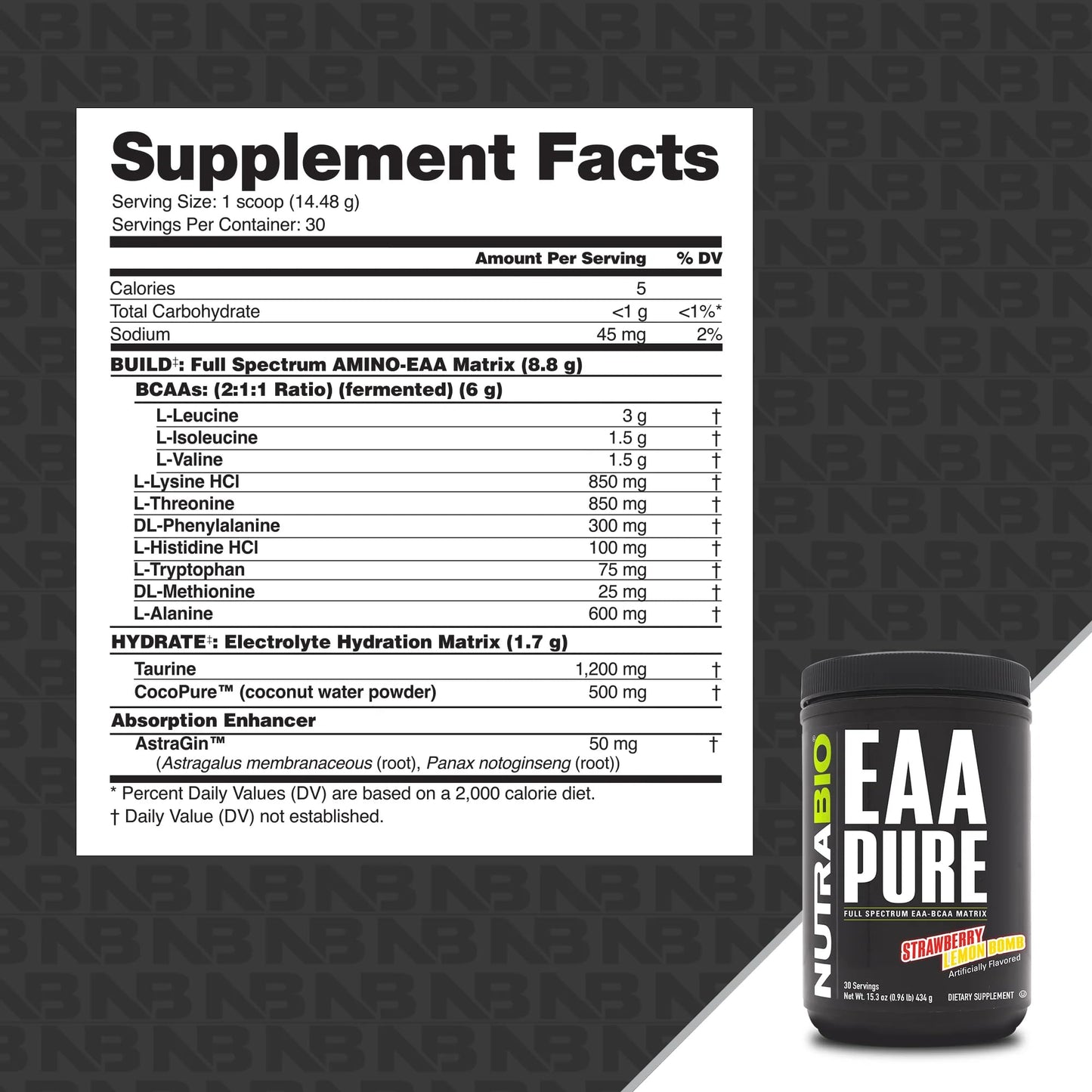 NutraBio EAA Pure – 9 Amino Acids for Muscle Repair & Recovery | 30 Servings (Strawberry Lemon Bomb)