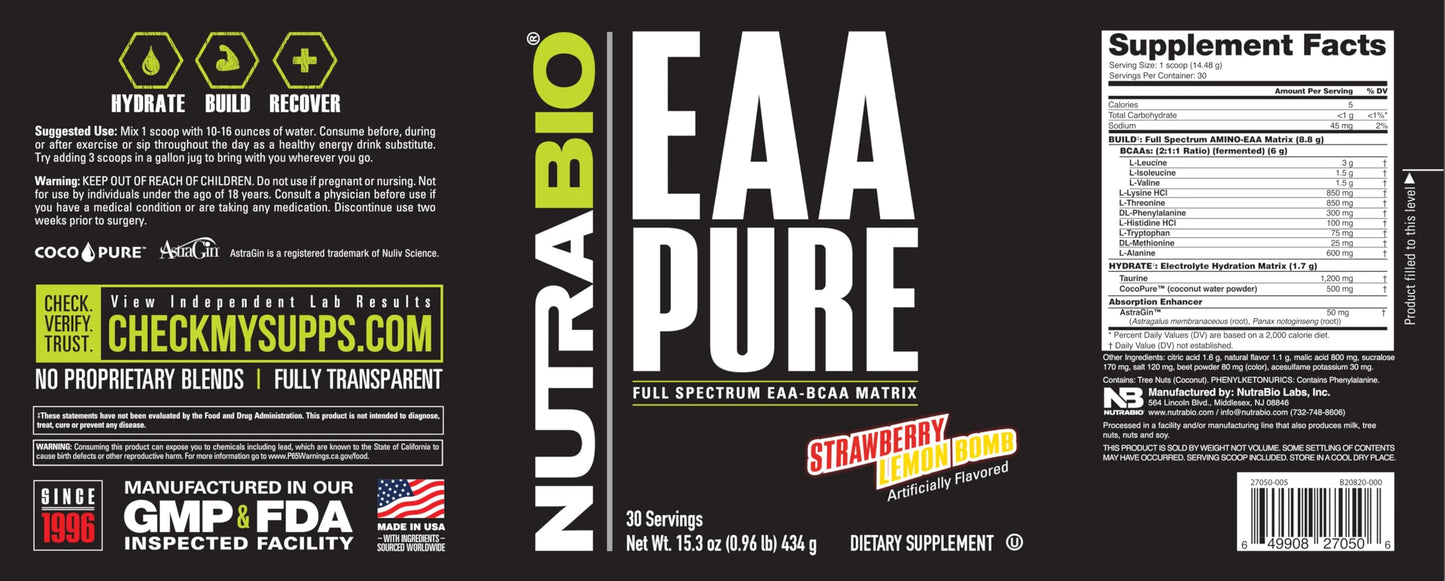 NutraBio EAA Pure – 9 Amino Acids for Muscle Repair & Recovery | 30 Servings (Strawberry Lemon Bomb)