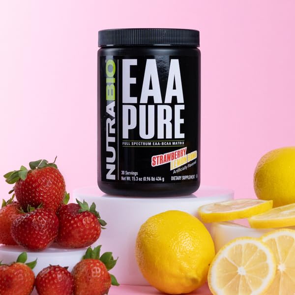 NutraBio EAA Pure – 9 Amino Acids for Muscle Repair & Recovery | 30 Servings (Strawberry Lemon Bomb)