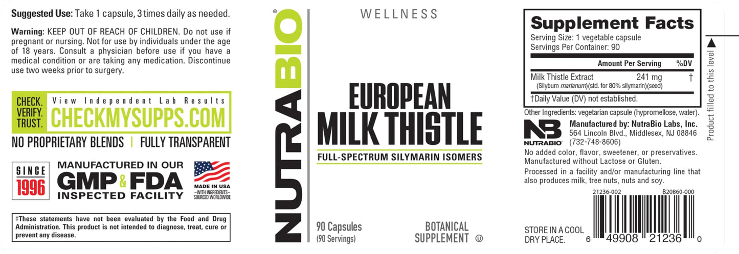 NutraBio European Milk Thistle Supplement 241mg – 90 Capsules | Antioxidant Support
