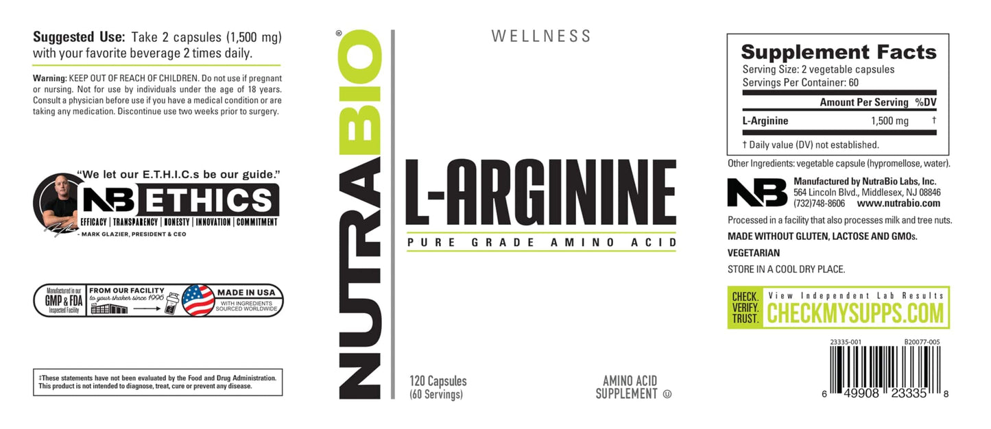 NutraBio L-Arginine 750mg – Nitric Oxide & Muscle Support (240 capsules)