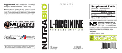 NutraBio L-Arginine 750mg – Nitric Oxide & Muscle Support (240 capsules)