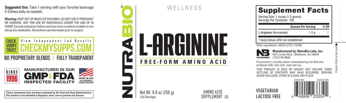 NutraBio L-Arginine Supplement, 750mg – Nitric Oxide Precursor, Supports Blood Flow, Vascular Health & Muscle Growth (250g)