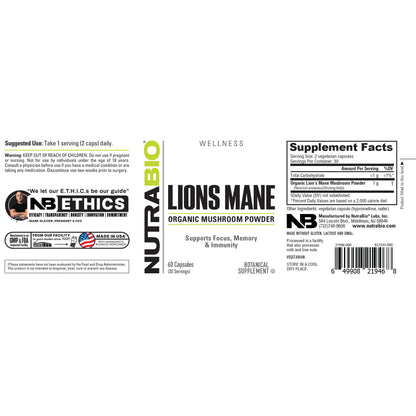 NutraBio Lions Mane Supplement Capsules- Organic Lion's Mane Mushroom Powder (500mg)- Focus, Memory, Immunity - 60 Vegetable Capsules (Pack of 2)
