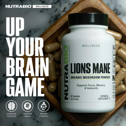 NutraBio Lions Mane Supplement Capsules- Organic Lion's Mane Mushroom Powder (500mg)- Focus, Memory, Immunity - 60 Vegetable Capsules (Pack of 2)