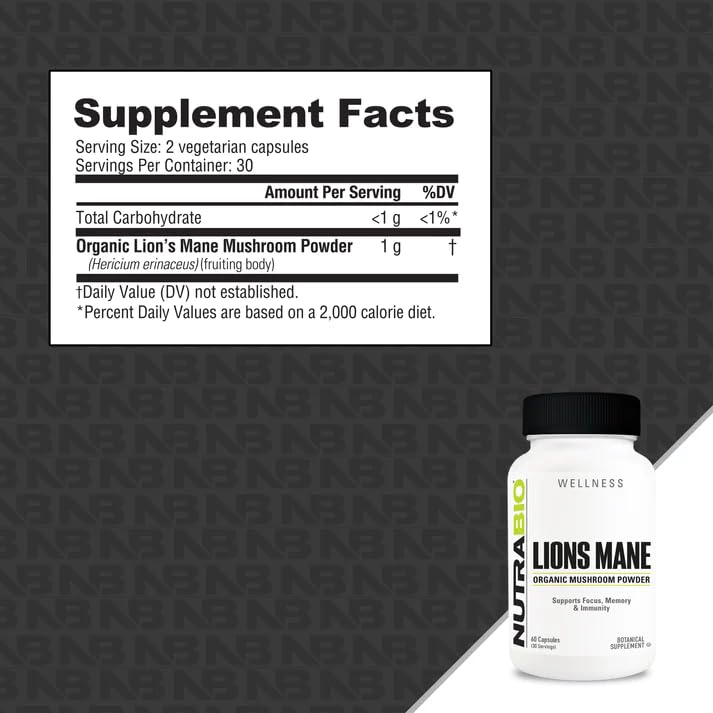 NutraBio Lions Mane Supplement Capsules- Organic Lion's Mane Mushroom Powder (500mg)- Focus, Memory, Immunity - 60 Vegetable Capsules (Pack of 2)