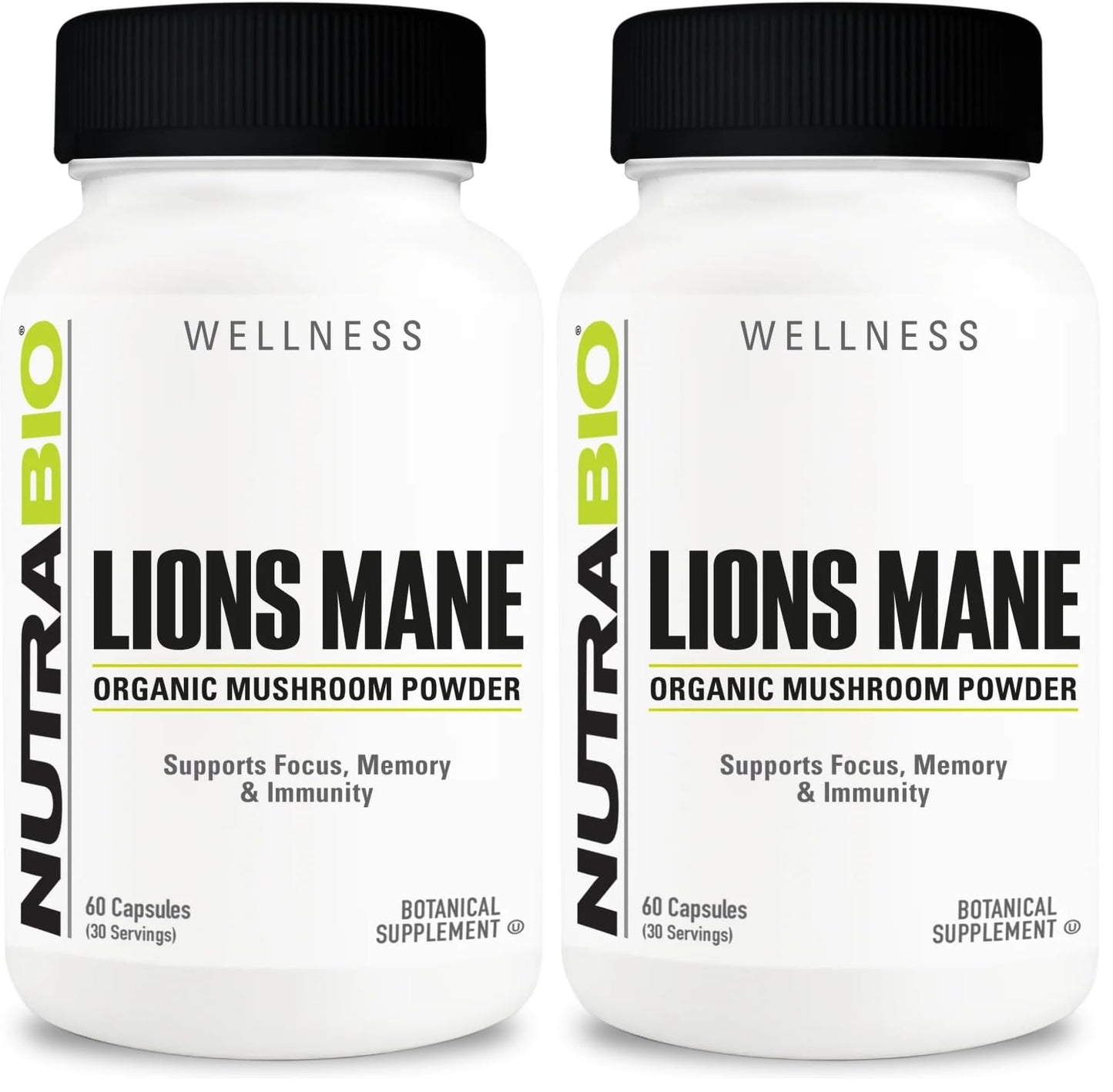 NutraBio Lions Mane Supplement Capsules- Organic Lion's Mane Mushroom Powder (500mg)- Focus, Memory, Immunity - 60 Vegetable Capsules (Pack of 2)