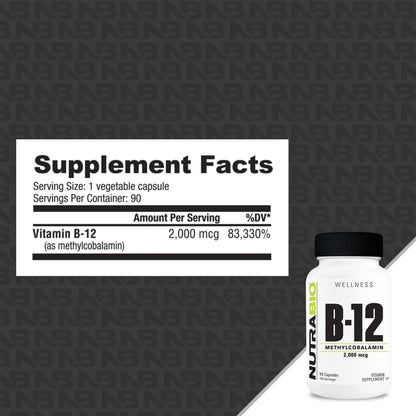 NutraBio Methyl B-12 Vitamin Supplement 2000mcg – 90 Veg Capsules (Pack of 2)