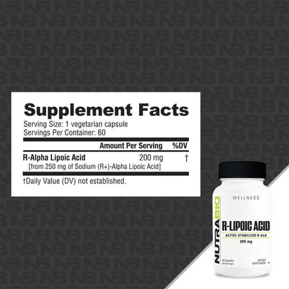 NutraBio R-Lipoic Acid 200mg R-ALA – Active Stabilized Alpha Lipoic Acid for Better Absorption | 60 Capsules