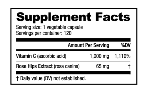 NutraBio Vitamin C with Rose Hips - 1000mg per Capsule, 120 Caps