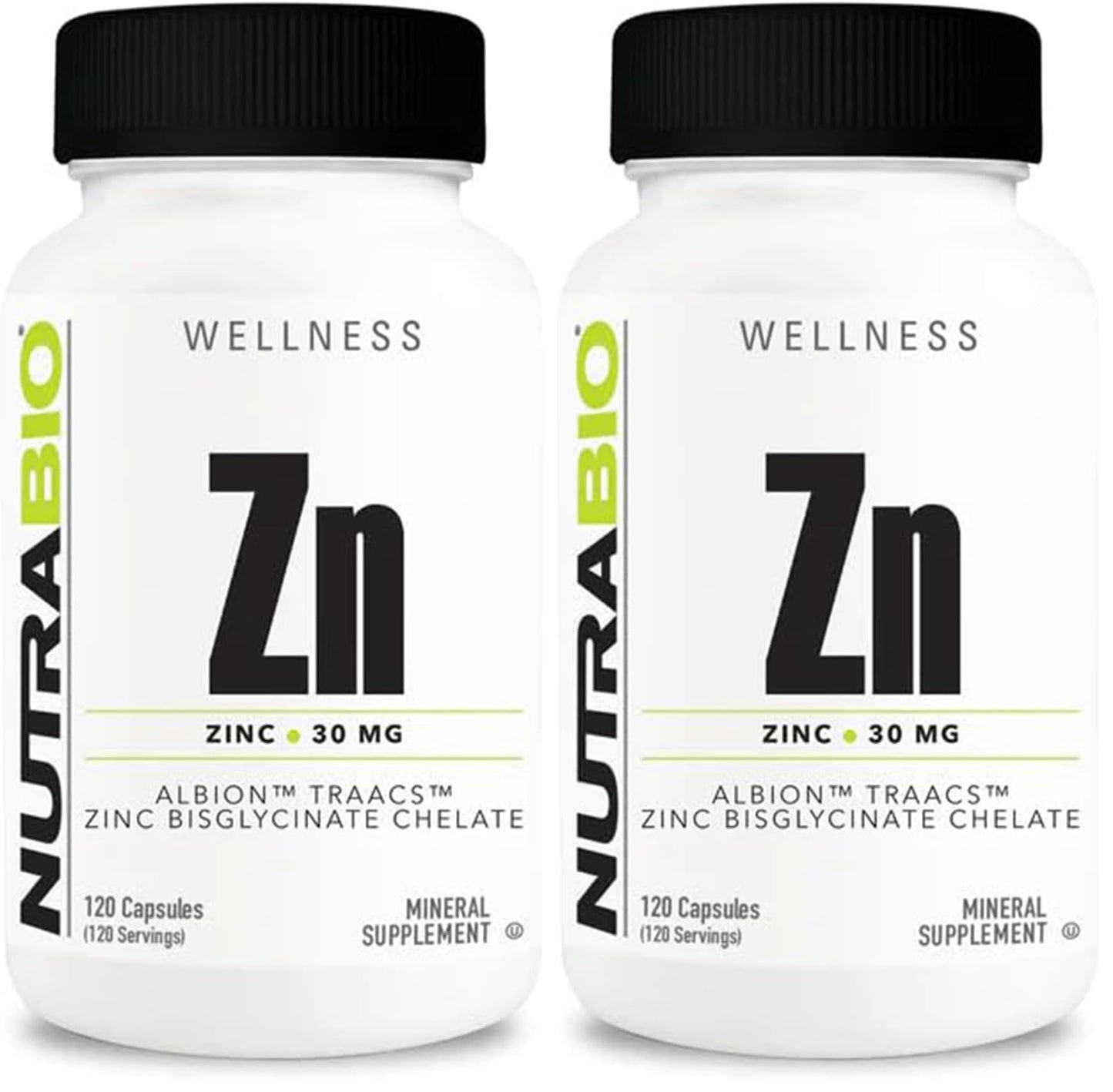 NutraBio Zinc Chelate Mineral Supplement – 30 mg Zinc per Capsule, Albion Zinc Bisglycinate, 120 Veg Capsules (Pack of 2)