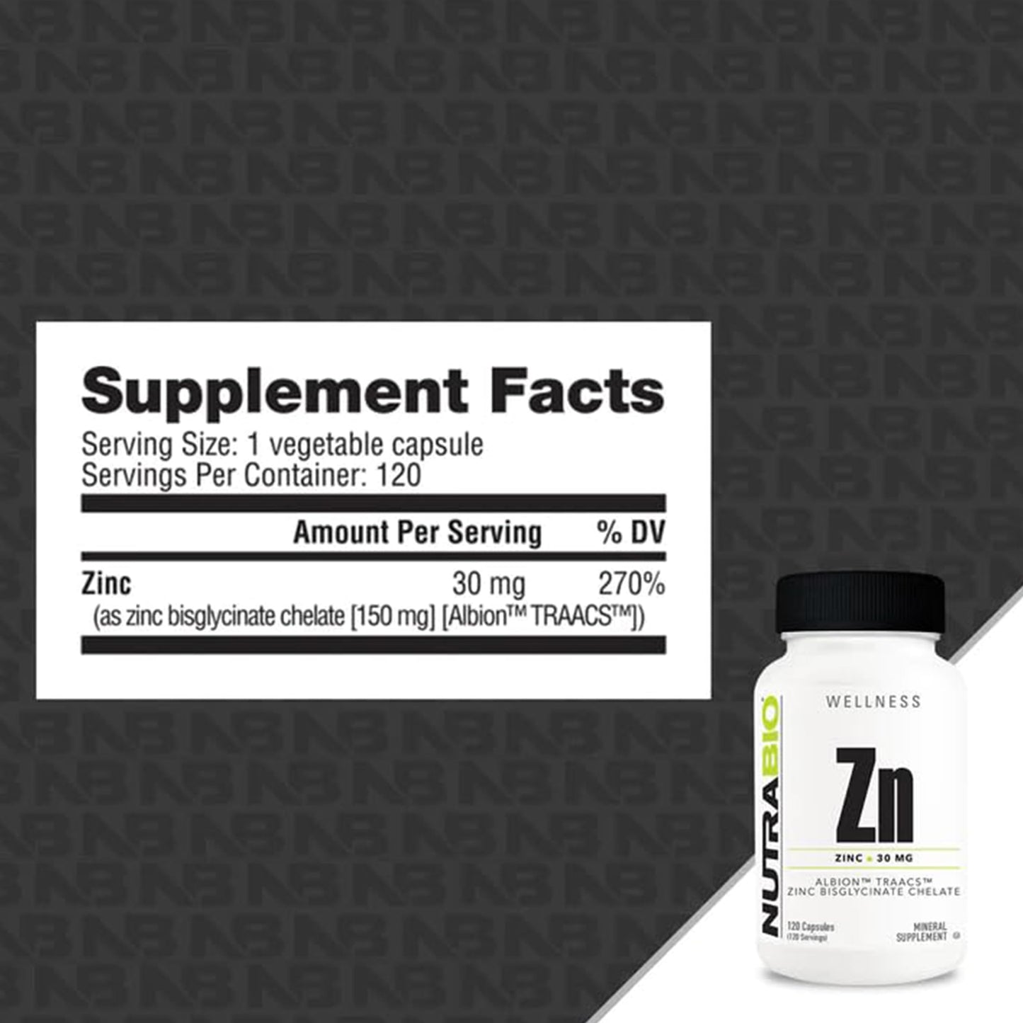 NutraBio Zinc Chelate Mineral Supplement – 30 mg Zinc per Capsule, Albion Zinc Bisglycinate, 120 Veg Capsules (Pack of 2)