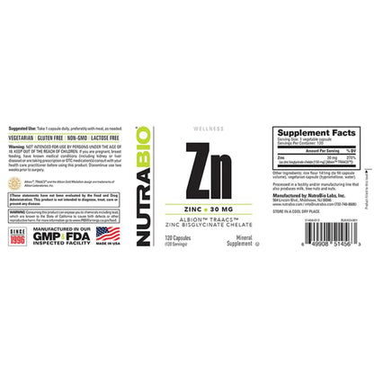NutraBio Zinc Chelate Mineral Supplement – 30 mg Zinc per Capsule, Albion Zinc Bisglycinate, 120 Veg Capsules (Pack of 2)