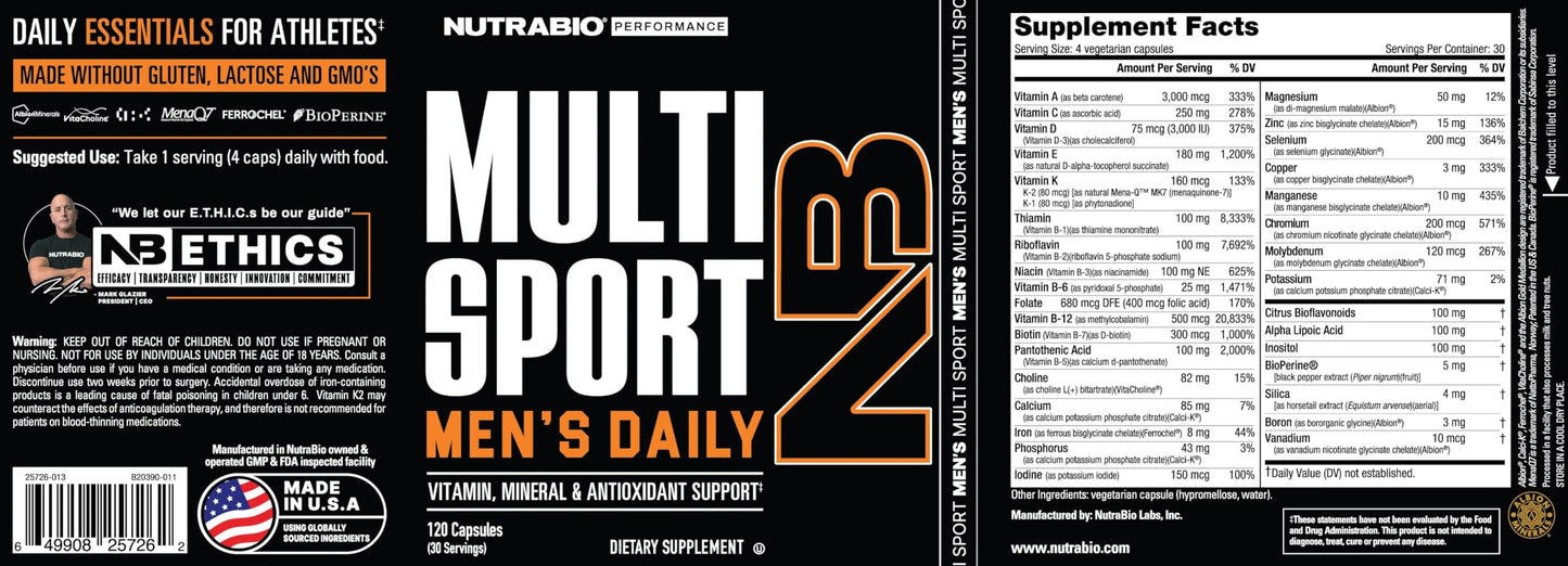 NutraBio Multisport for Men – Men's Multivitamin with 33 Vitamins & Minerals