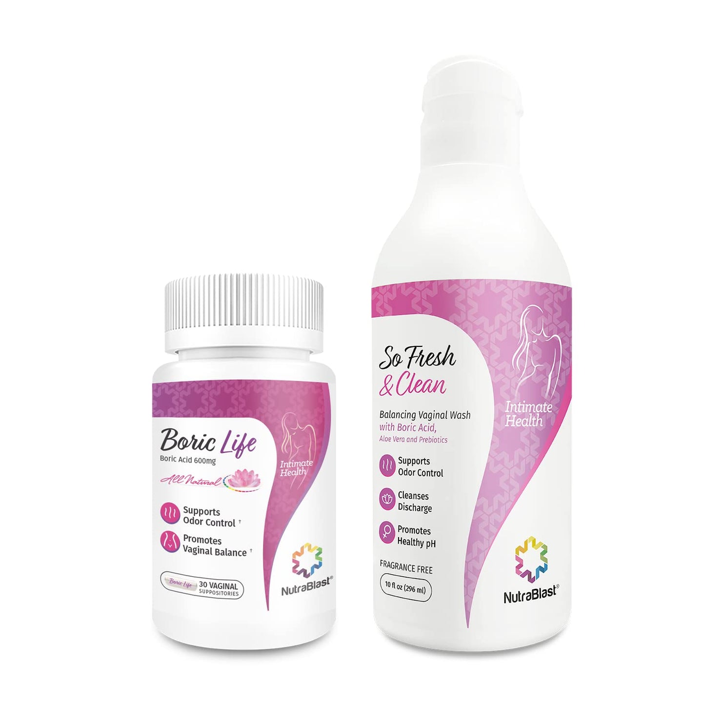 NutraBlast Boric Acid Vaginal Suppositories Bundle with So Fresh & Clean | Odor Control & Intimate Balance (30 Count & 10 fl oz)