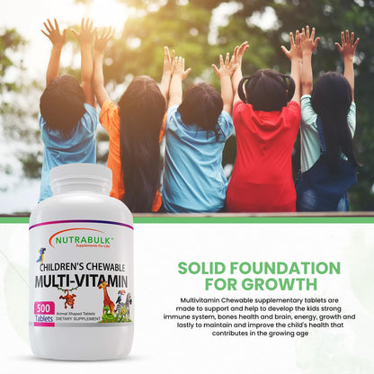 NutraBulk Children's Chewable Multivitamins – USA-Made, Vegan, Gluten Free | Immune, Bone & Brain Support (500 Cherry Tablets)