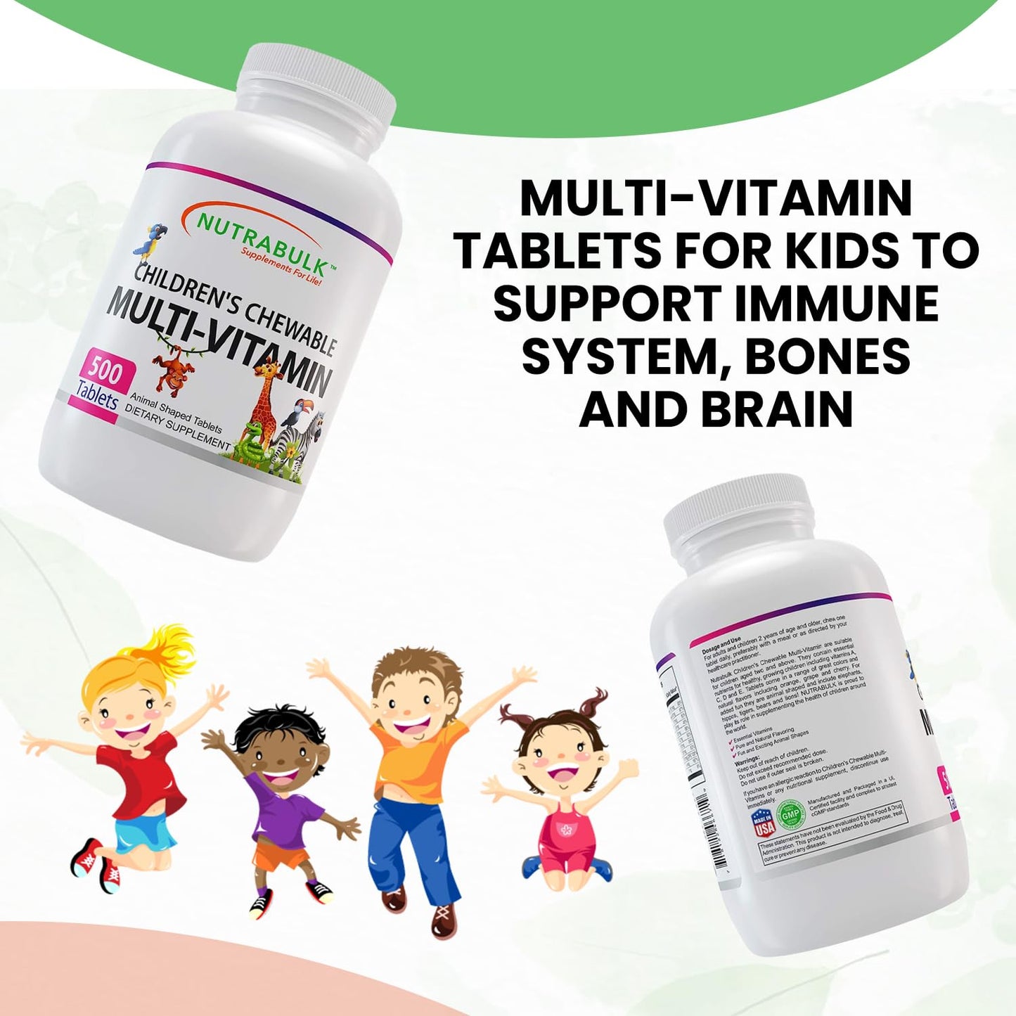 NutraBulk Children's Chewable Multivitamins – USA-Made, Vegan, Gluten Free | Immune, Bone & Brain Support (500 Cherry Tablets)