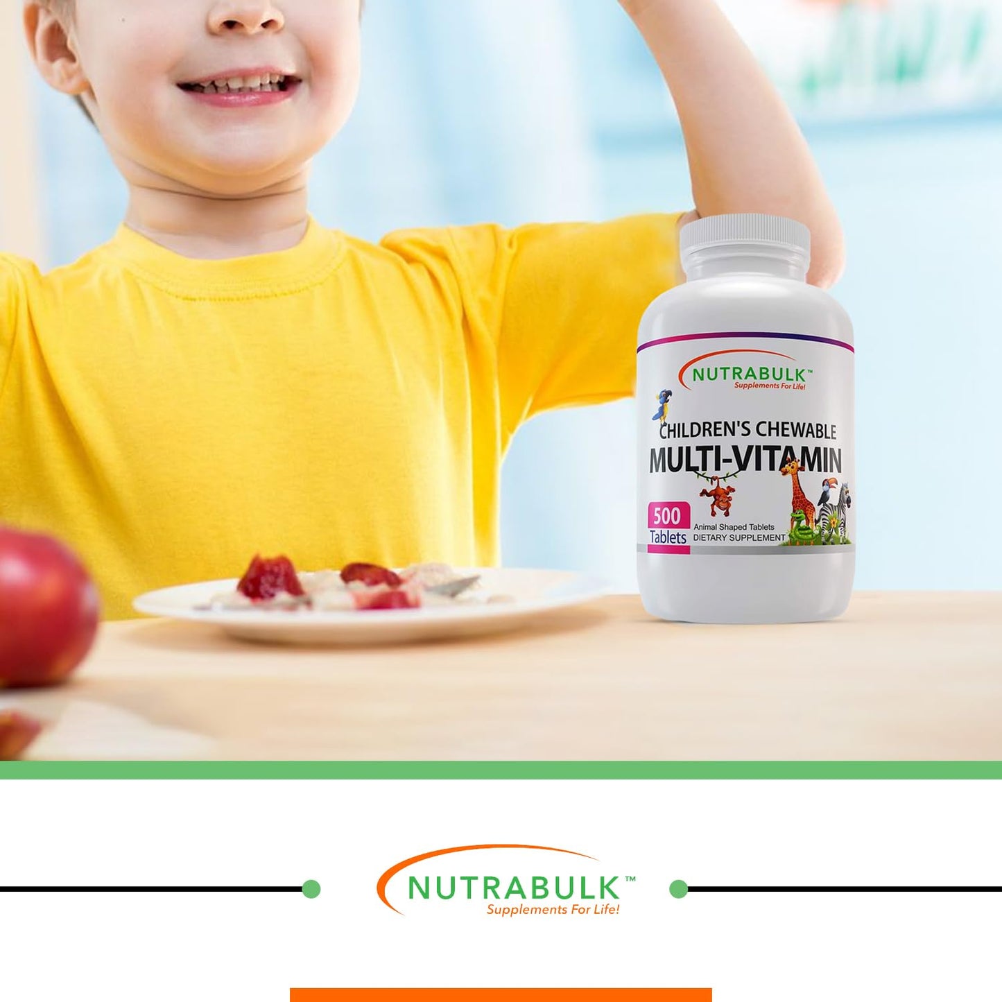 NutraBulk Children's Chewable Multivitamins – USA-Made, Vegan, Gluten Free | Immune, Bone & Brain Support (500 Cherry Tablets)