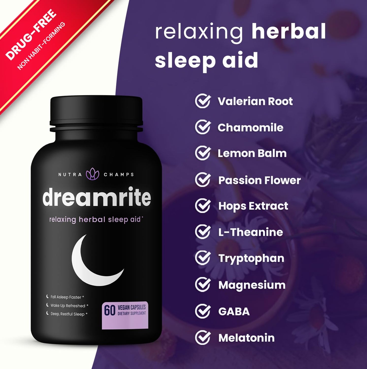NutraChamps 10-in-1 Natural Sleep Aids for Adults – Melatonin, Lemon Balm, Chamomile, Valerian