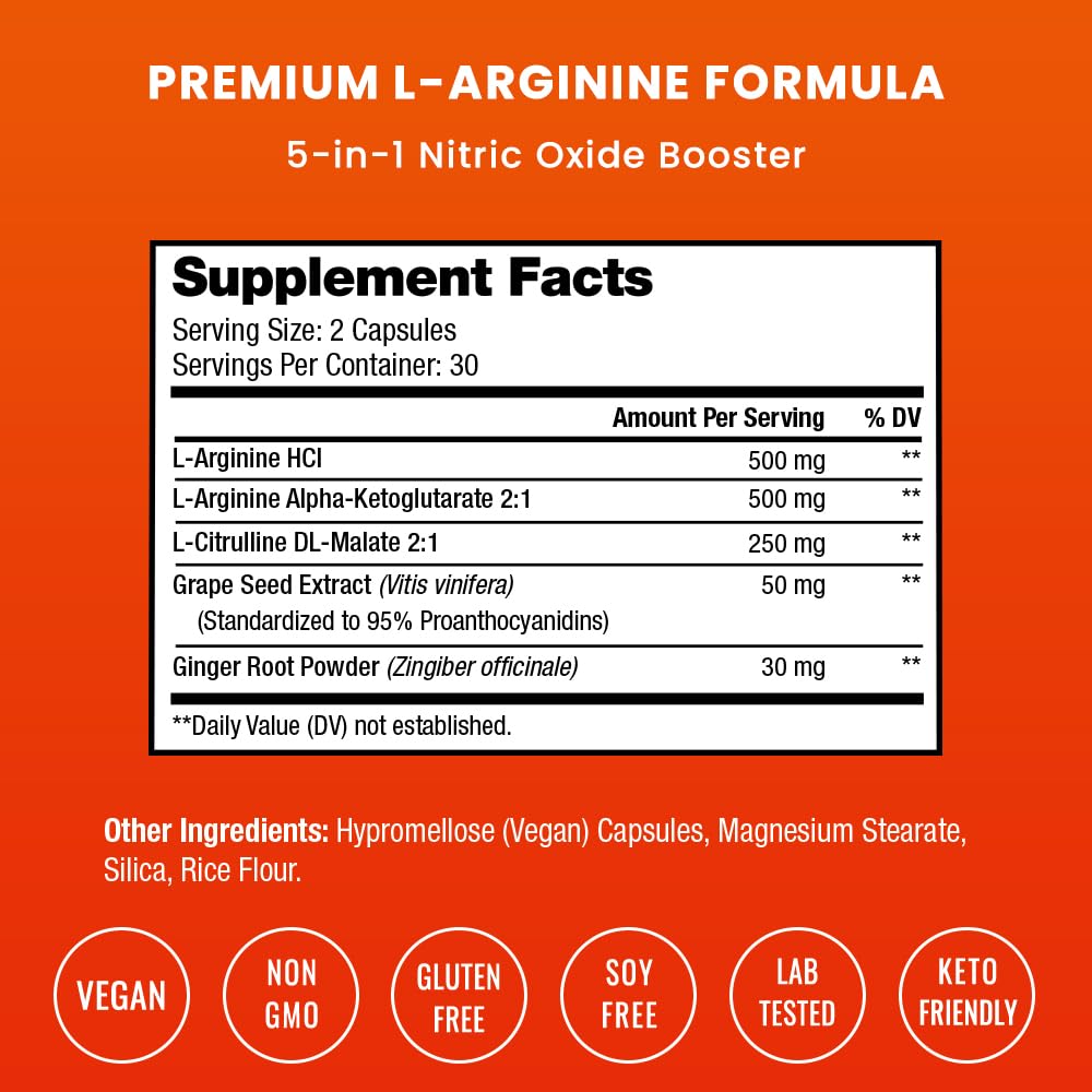 NutraChamps Premium L Arginine Supplement | 5-in-1 Nitric Oxide Boost | 60 Vegan Capsules