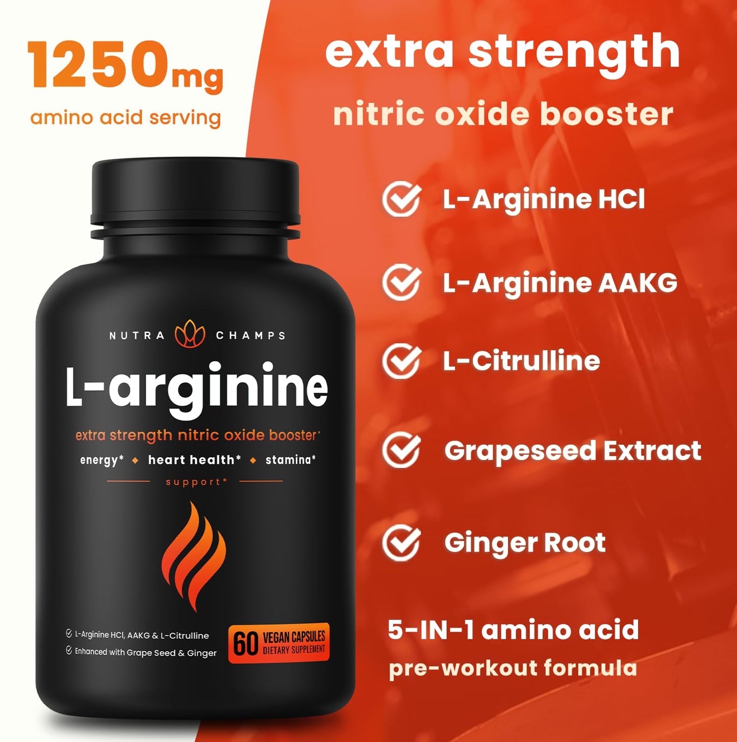 NutraChamps Premium L Arginine Supplement | 5-in-1 Nitric Oxide Boost | 60 Vegan Capsules