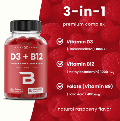 NutraChamps Vitamin D3 & B12 Gummies - Methyl B12, Raspberry, 60 Gummies