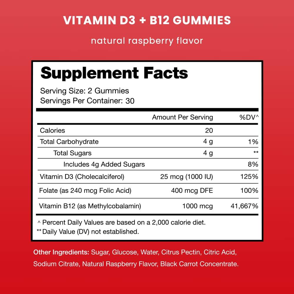 NutraChamps Vitamin D3 & B12 Gummies - Methyl B12, Raspberry, 60 Gummies