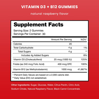 NutraChamps Vitamin D3 & B12 Gummies - Methyl B12, Raspberry, 60 Gummies