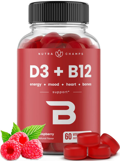 NutraChamps Vitamin D3 & B12 Gummies - Methyl B12, Raspberry, 60 Gummies