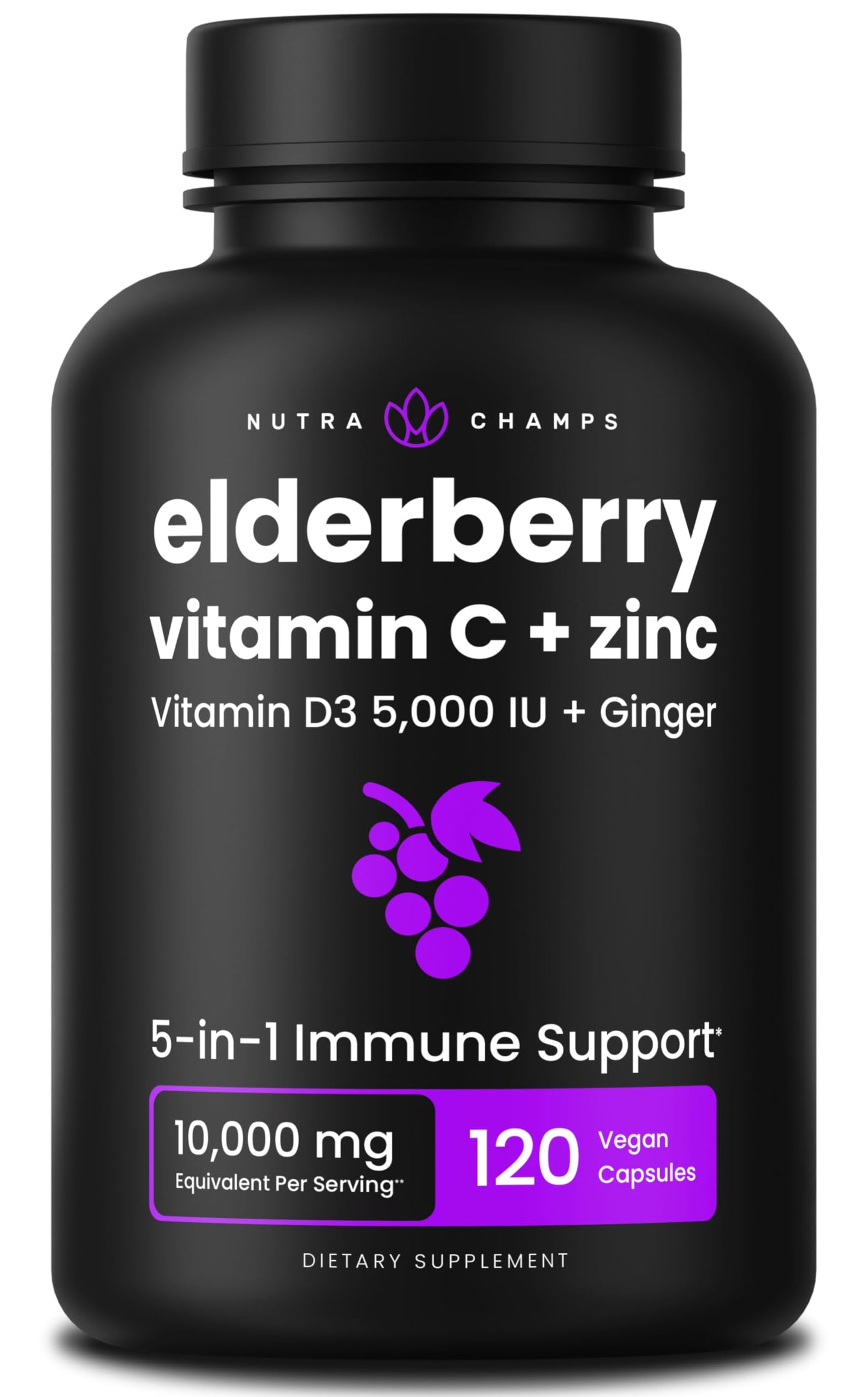 NutraChamps Elderberry 5-in-1 Immunity Supplement - 10,000mg Sambucus Elderberry with Vitamin C, Zinc & Vitamin D3 (Adults)